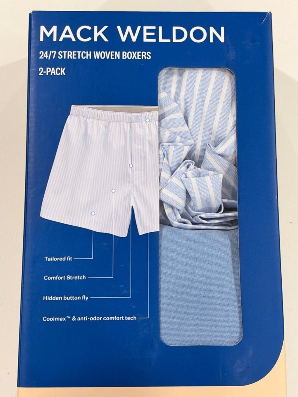 Mack Weldon Boxers Mens L Blue 2 Pack 24 7 Stretch Woven Coolmax Underwear $59